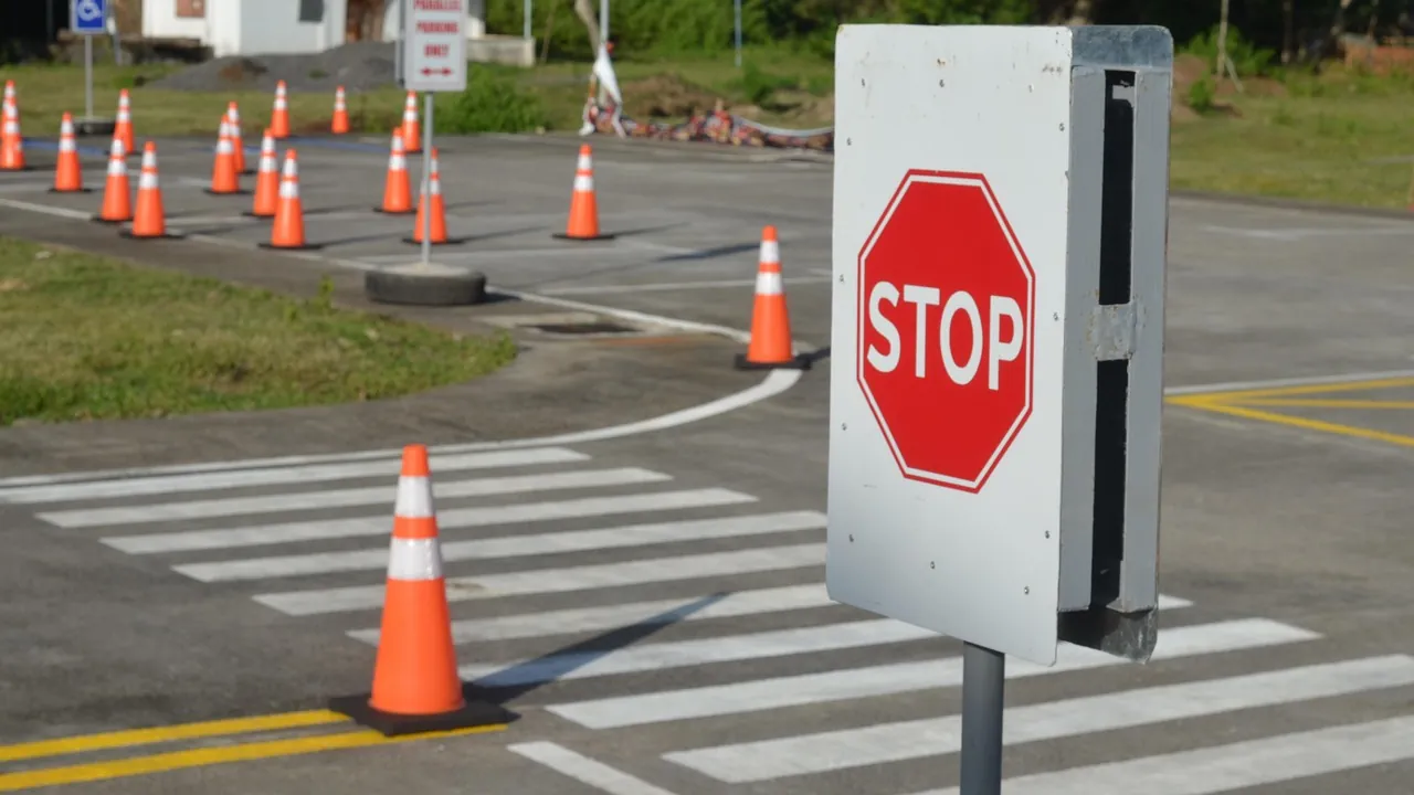 Une piste d’exercice avec ses cônes, son passage piéton et son panneau stop